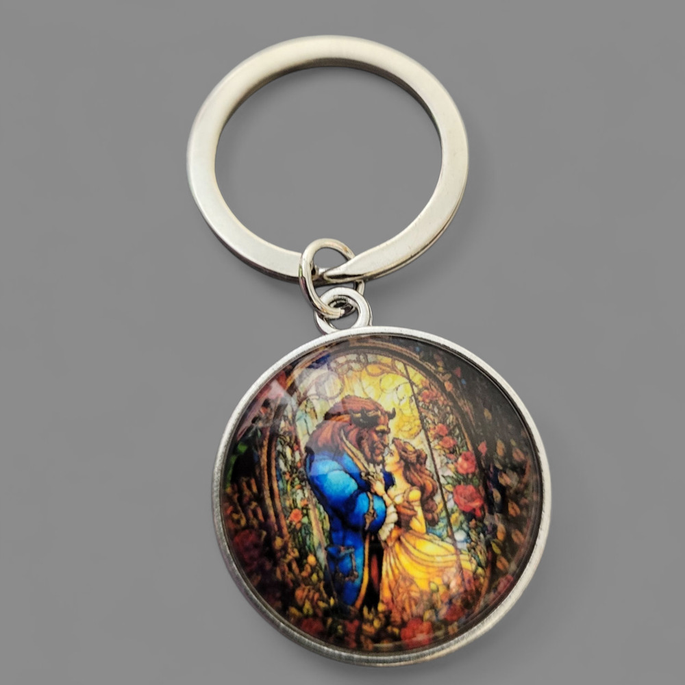 Beauty and the Beast Stained Glass Keychain Round Domed Glass Silver Tone Charm‎